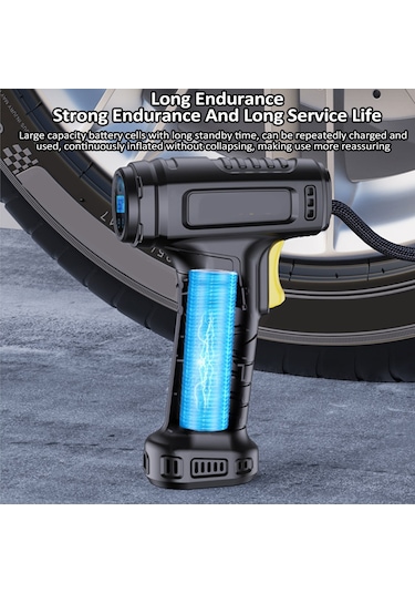Wezone Araç Lastik Hava Pompa, Akıllı Dijital Ekranlı, Otomatik Durma, Led Işık, 4000mah Pil, 3 Fişli, El Tahliye, Ev Ve Araç Kullanıma Uygun, Siyah