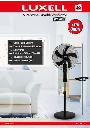 Luxell Kozmit Siyah Vantilatör 18" 5 Pervane 2025