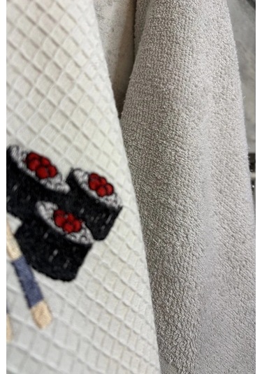 2 Li Mutfak Havlusu Seti - Açık Gri & Sushi Figürlü Kurulama Bezi - %100 Pamuk & 40x60 Cm Açık Gri