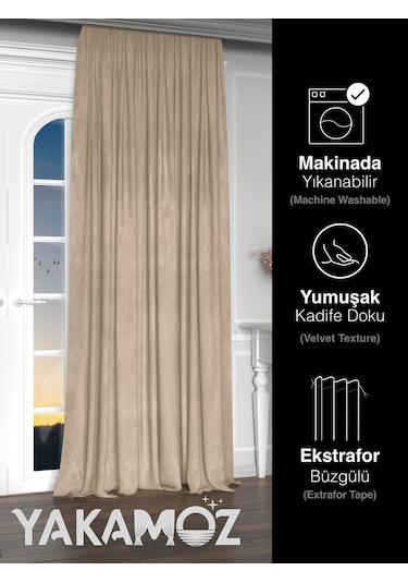Yakamoz Kadife Görünüm Kum Beji Ada Fon Perde Ekstraforlu Velvet Touch Serisi Kum Beji