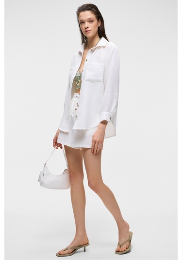 Rea Kadın %100 Pamuk Müslin Kumaş Rahat Kesim Düğmeli Regular Fit Ekru Gömlek