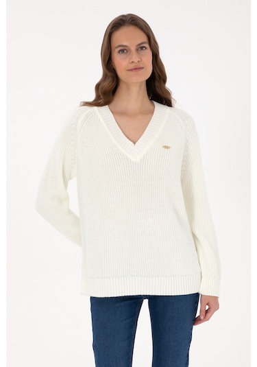 U.S. Polo Assn. Kadın Krem V Yaka Kazak 50314934-VR256