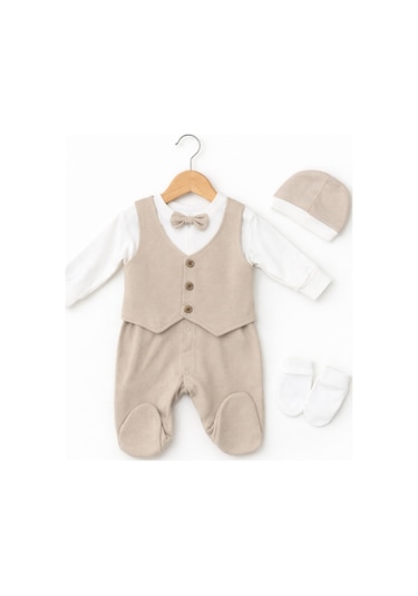 Işıl Baby Papyonlu Yelekli Erkek Bebek Tulum Takım Bej