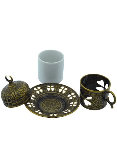 Yonca Desenli 6 Kişilik Porselenli Kapaklı 24 Parça Antik Renk Fincan Seti Yeşil - Sarı