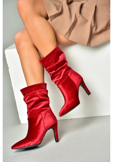 Fox Shoes R404020339 Bordo Kadife İnce Topuklu Büzgülü Kadın Bot Bordo