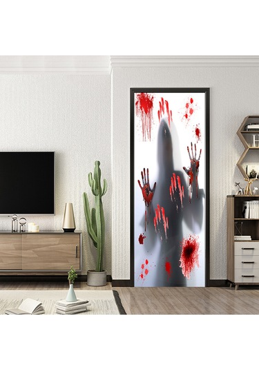 Folinda Halloween Kanlı Perde Stickerları 2 Adet - Pvc Materyal, Kolay Uygulama, Korku Atmosferi Oluşturucu, Kapı/pencere Dekorasyonu 38.5x200cm X2