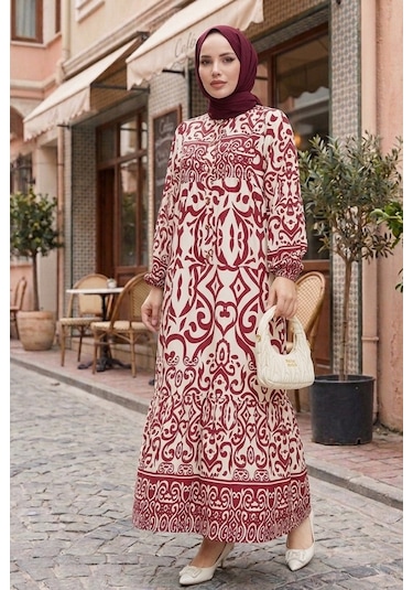 Bestenur Laysa Desenli Viskon Elbise 1721 - Bordo