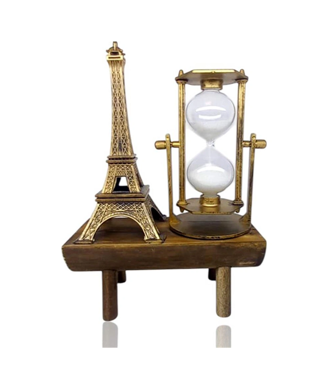 Dekoratif Eyfel Kulesi Tasarımlı Kum Saatli Ahşap Altlıklı Masa Süsü Altın Renk
