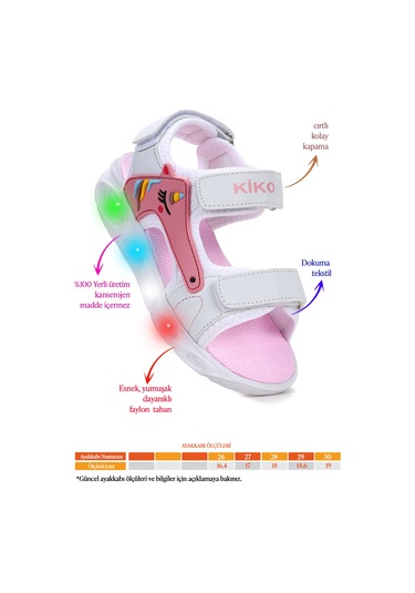 Kiko Kids Unicorn Günlük Işıklı Cırtlı Kız Çocuk Sandalet Ayakkabı Beyaz - Pudra Beyaz - Pudra