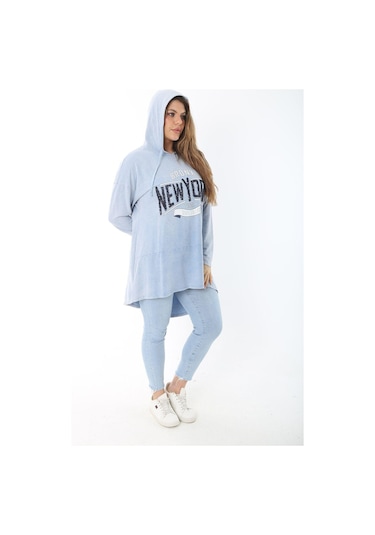 Kadın Büyük Beden Mavi Payet Detaylı Arkası Uzun Kapşonlu Sweatshirt 65n37463 - Mavi