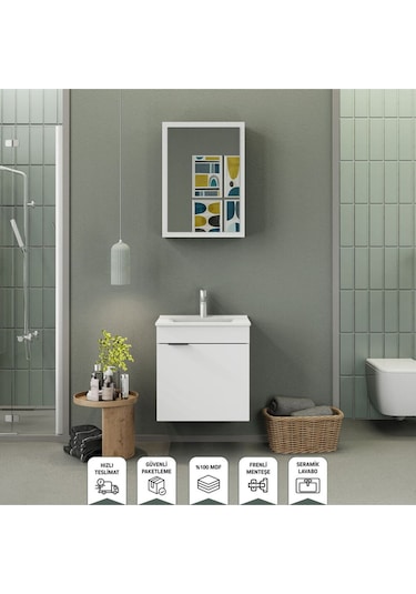 Biani Fix Loft 55 Cm Banyo Dolabı,Seramik Lavabolu, Aynalı,Lavabo Dahil,Mdf,Mat Beyaz Biani Fix Loft 55 Cm Banyo Dolabı,Seramik Lavabolu, Aynalı,Lavabo Dahil,Mdf,Mat Beyaz