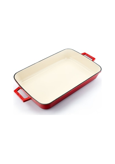 Lava Döküm Dikdörtgen Rosto Ve Fırın Tepsisi Ölçü 26x40cm. Döküm Demir Yekpare Çift Kulplu Edition Serisi - Kırmızı Kırmızı