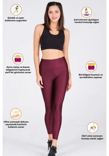 Enenstyle Fashıon Boutıque Kadın Konforlu Yeni Sezon Sporcu Modeli Yazlık Spor Taytı Fitness Gym Training Parlak Spor Tayt Bordo