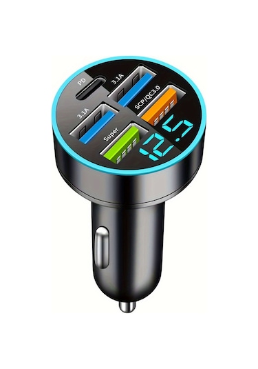 5 Port Usb Süper Hızlı Şarj Akıllı Telefon Şarj Algılama Dijital Ekran Araç Adaptörü Cep Telefonu Şarj Cihazı