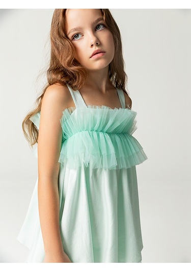 Sheshe Fırfır Göğüs Detaylı Askılı Kız Çocuk Elbise Renkli