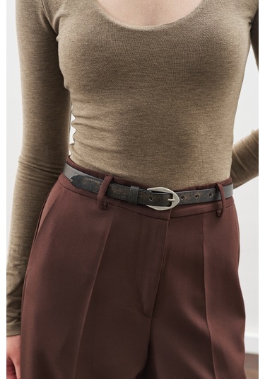 Eskitme Efektli Deri Kemer Kahverengi Kahverengi