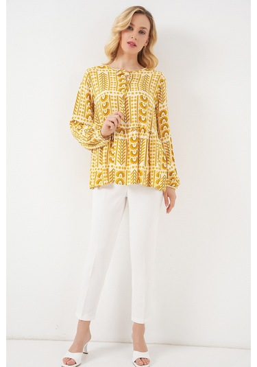 Kadın Desenli Uzun Kol Bluz 970 - Sarı Sari