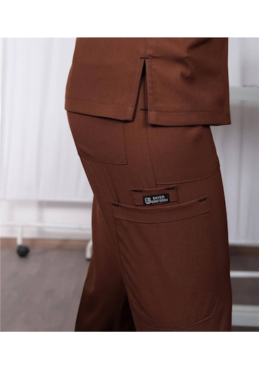 Likralı Cerrahi Forma Unisex Hemşire Doktor Sağlıkçı Forması Scrubs Üniforma Acı Kahve