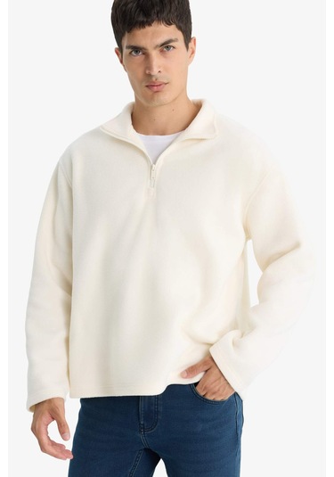 Defacto Relax Fit Yarım Fermuarlı Polar Sweatshirt F0448ax25auer140 Ekru-er140