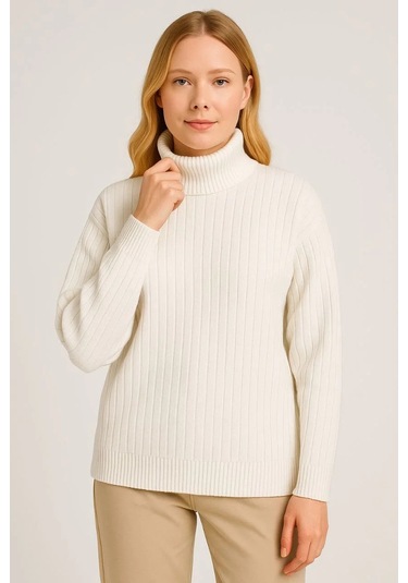 Kadın Balıkcı Yaka Bağazlı Triko Kazak Pamuklu Kalın Fitilli Dokuma - Beyaz Beyaz