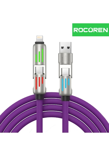 Rocoren 240w 4'ü 1 Arada Type-c / Usb-a / Lightning Mor Silikon Şarj Ve Data Kablosu 1.2 Metre