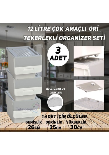 Technow Motek Mt07 Tekerlekli Eşya Ve Erzak Kutusu 3 Katlı  3x12 Beyaz - Gri