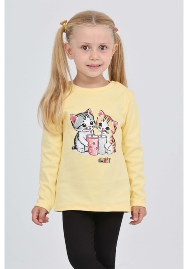 Toontoy Kız Çocuk İkili Kedi Baskılı Sweatshirt Açık Sarı