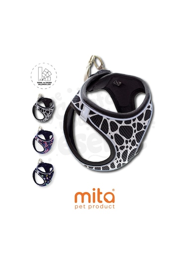 Mita Air Mesh Kedi Köpek Göğüs Tasması Çift Reflektörlü, Terletmeyen Dalmaçyalı Beyaz - Siyah