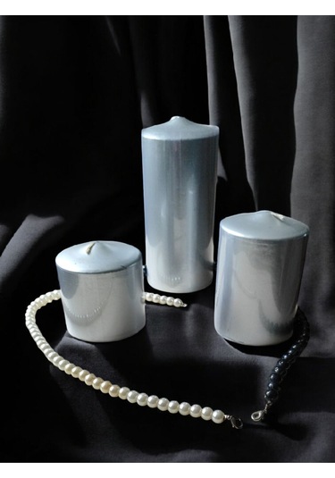 Denic 3 lü Mum Seti Metalik Gümüş Blok Mum Silindir Mum Baton Mum