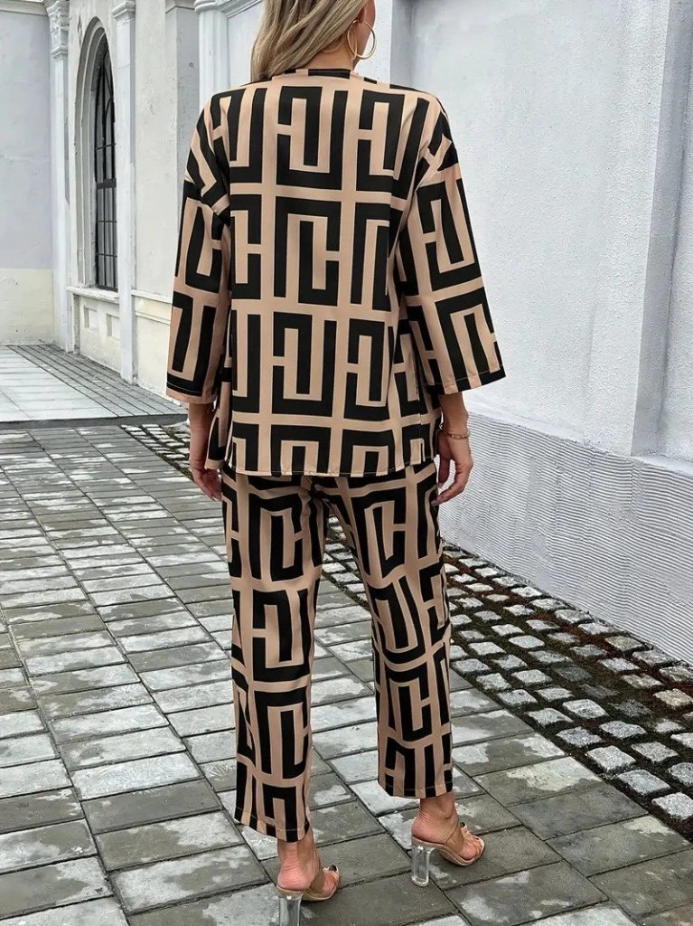 Tua Moda Kadın Uzun Kollu Önü Açık Desenli Iki Iplik Ceket Ve Pantolon Ikili Takım Kahve