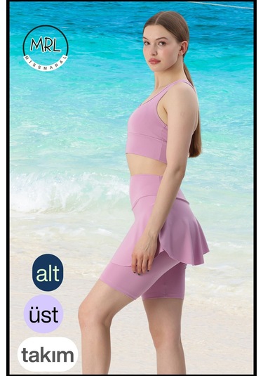 Kadın Takım Alt - Üst Biker Şort Diz Üstü &crop Bra Ped Destekli Denizde Havuzda Sporda Llia Lila