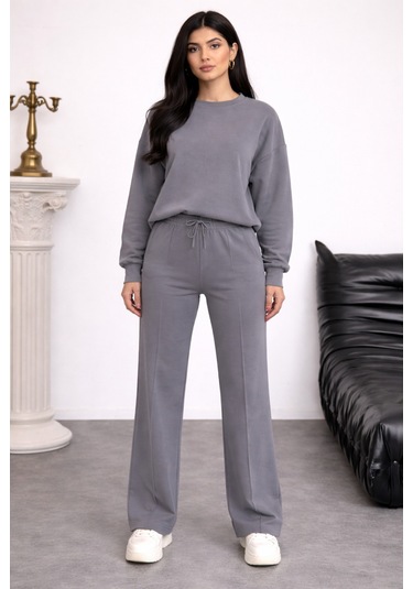 Balenbi Oversize Bisiklet Yaka Basic Modal Kadın Takım 1206 - Form Serisi Gri