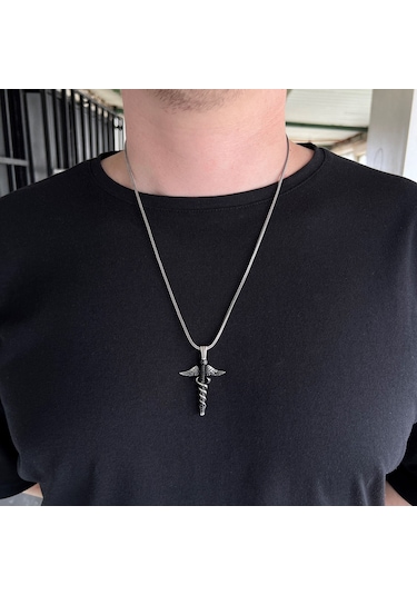925 Ayar Gümüş Caduceus Tıp Sağlık Sembolü Erkek Kolye Gümüş
