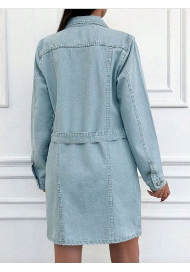 Shevega Kadın Buz Mavi Kuşakli Kot Elbise Mavi