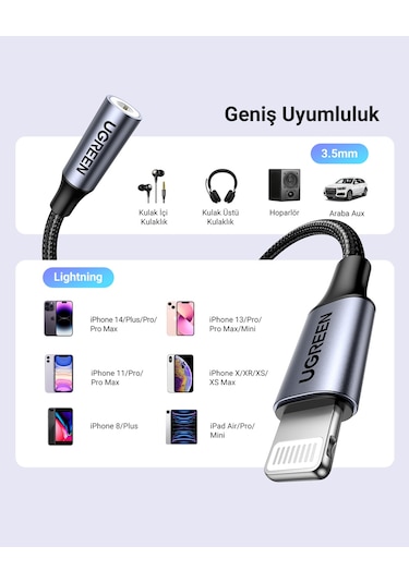 Ugreen Mfi Sertifikalı Lightning To 3.5mm Aux Dönüştürücü Adaptör, Siyah, 30756