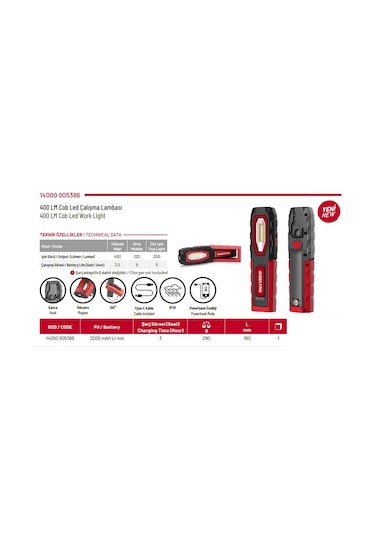 İzeltaş Cob Led Şarjlı Çalışma Lambası 400 Lm 14000005386