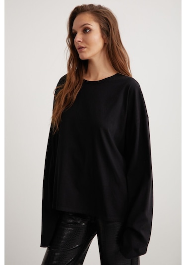 Basıl  Kadın %100 Pamuk Bisiklet Yaka Oversize Fit Uzun Kollu Siyah T-shirt
