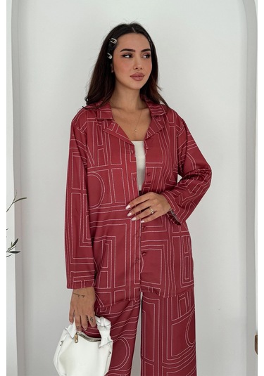 Geometrik Desen Modal Saten Takım Kırmızı Kırmızı