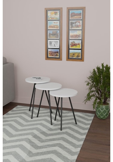 3'lü Zigon Sehpa Seti Metal Ayaklı Yan Sehpa Beyaz