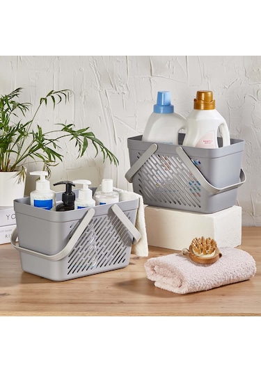 Kulplu Plastik Saklama Sepeti - Çok Amaçlı Düzenleyici Sepet - Tezgah Üstü, Banyo, Mutfak, Ofis - Organizer Sepet - Gri Gri