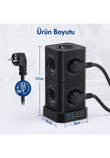 Kule Tipi Çoklu Priz 3680w 9 Lu Topraklı Priz + 2 Usb + 2 Type-c Masaüstü Dikey Akım Korumalı Priz 2 m