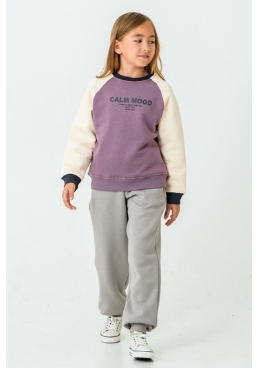 Kız Çocuk Calm Mood Baskılı 3 İplik Kalın Kışlık Eşofman Takımı Ak4209 Lila