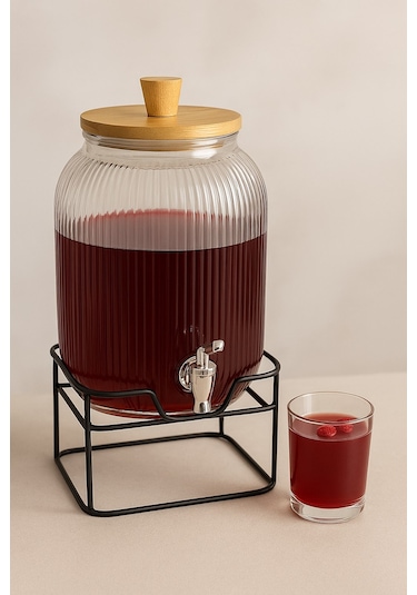 Qerhome Cam Şerbetlik 3,75 Litre, Musluklu, Bambu Kapaklı, Metal Standlı