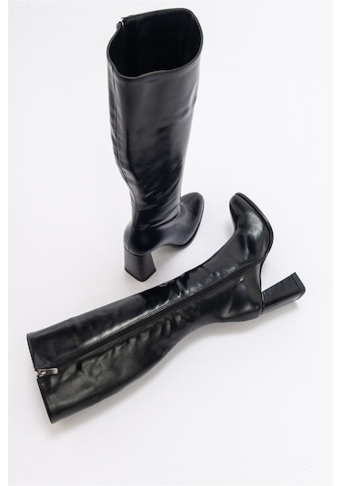 Luvishoes Decer Siyah Cilt Kadın Topuklu Çizme Siyah