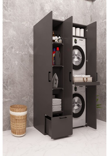 Mdf Çamaşır Makinesi Ve Kurutma Makinesi Dolabı Ütü Masalı Kapaklı Antrasit