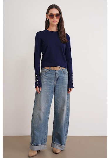 6736 Kadın Bisiklet Yaka Kolu Droplu Triko Kazak Lacivert Lacivert