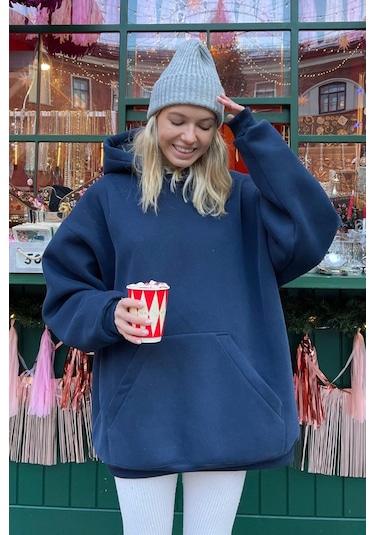 Madmext Lacivert Kapüşonlu Şardonlu Oversize Sweatshirt Mg1566 Lacivert