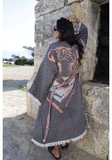 Elif Towels Özel Tasarım Antrasit Renk Kaplan Desenli Kimono Kaftan Antrasit