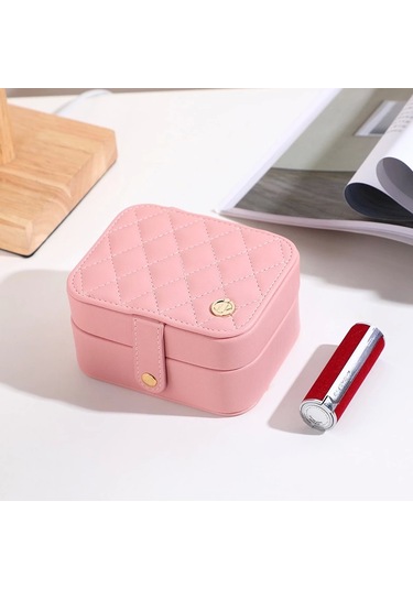 Deri Mini Baklava Desenli Seyahat Takı Bijuteri Mücevher Kutusu Organizer Düzenleyici 11,5cm Pembe İ