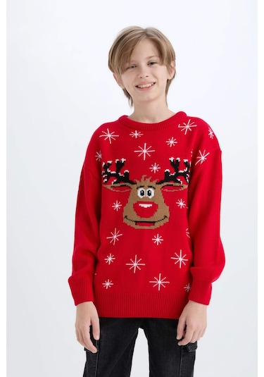 DeFacto Erkek Çocuk Yılbaşı Temalı Bisiklet Yaka Triko Kazak D5991A824CWRD51